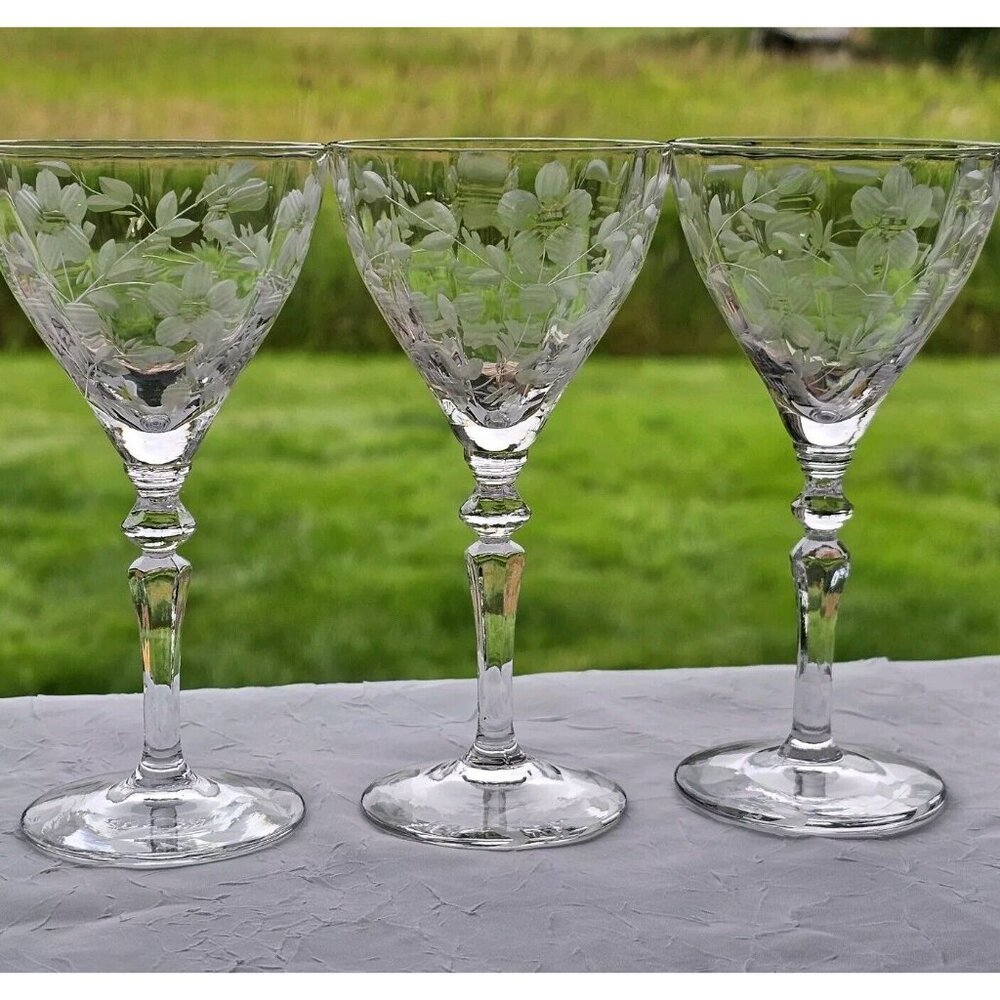 Rock Sharpe Optic Floral Cocktail Glasses 5.25" set/3 gray wheel cut 2011-15 - Picture 3 of 11